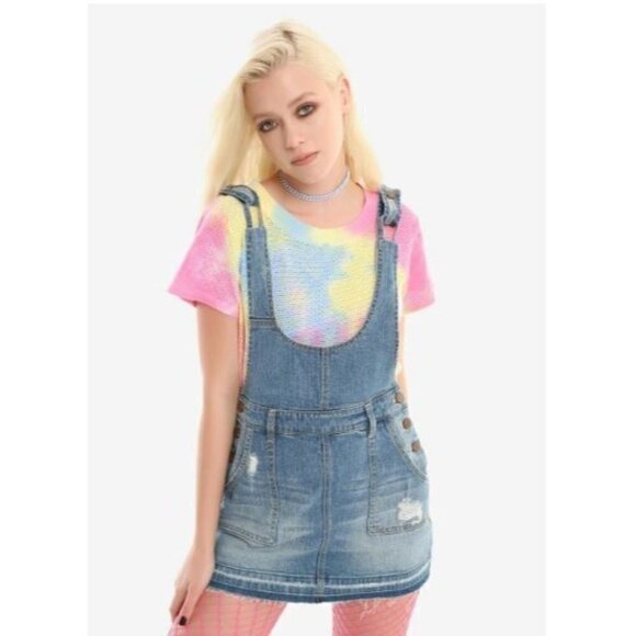 Hot Topic Women's Size Large DISTRESSED Denim Overalls Skirt - Buttons On Sides - Picture 1 of 11